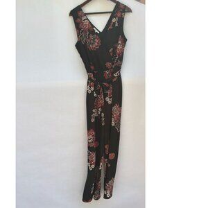 Maurices Romper, Black with Rust Floral Print, Elastic Waist with Tie, Size M